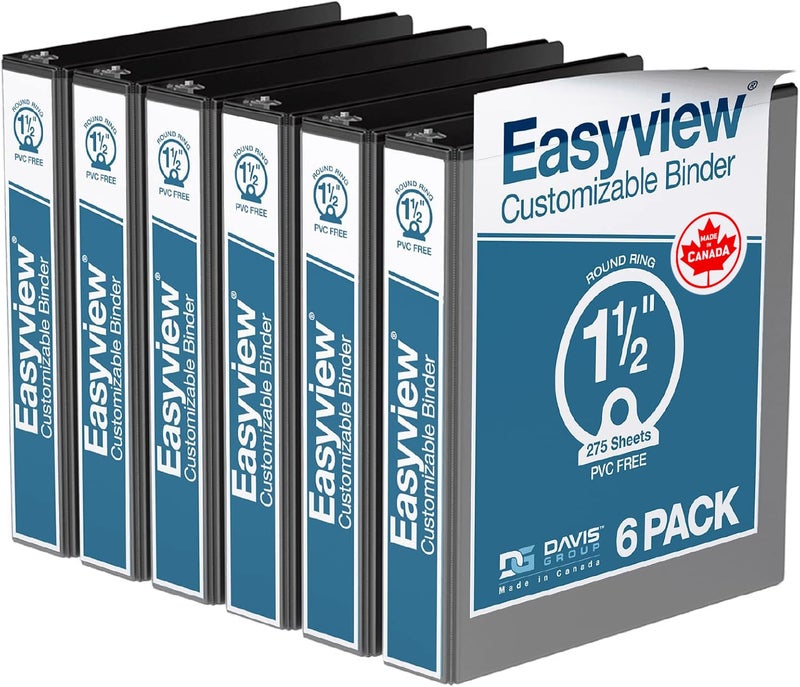 Davis Group مجلدات Easyview Premium ذات 3 حلقات مع أغطية شفافة وحلقات دائرية، مجلدات للمدرسة أو المكتب، 1.5 بوصة، عبوة من 6 قطع، أسود - Image 1